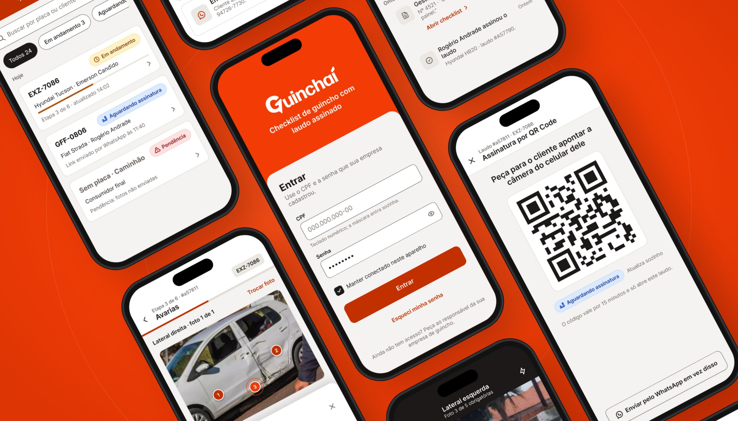 Telas do app Guinchaí: câmera guiada, login, formas de assinatura, QR Code e avarias