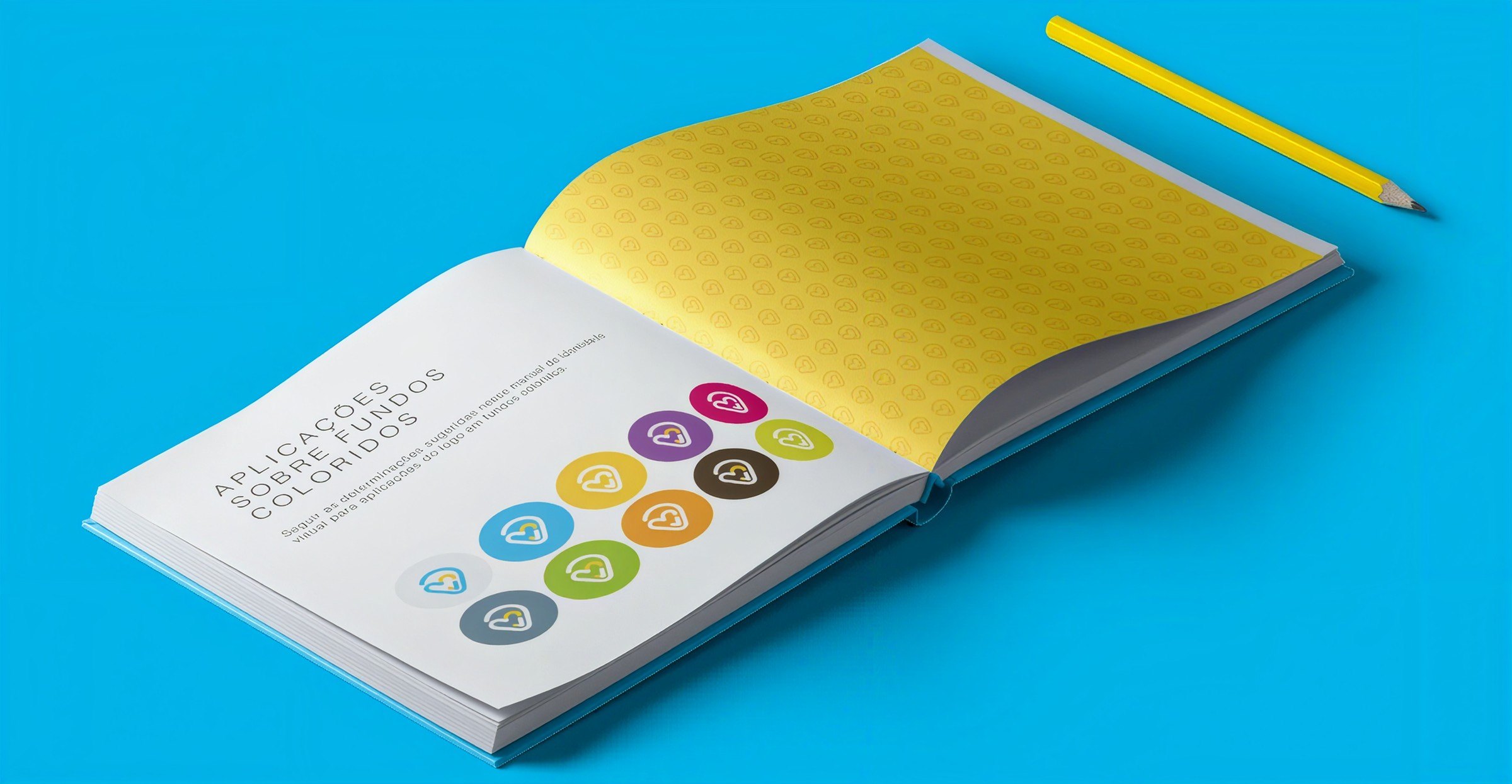 Manual de identidade visual com aplicações do símbolo sobre fundos coloridos