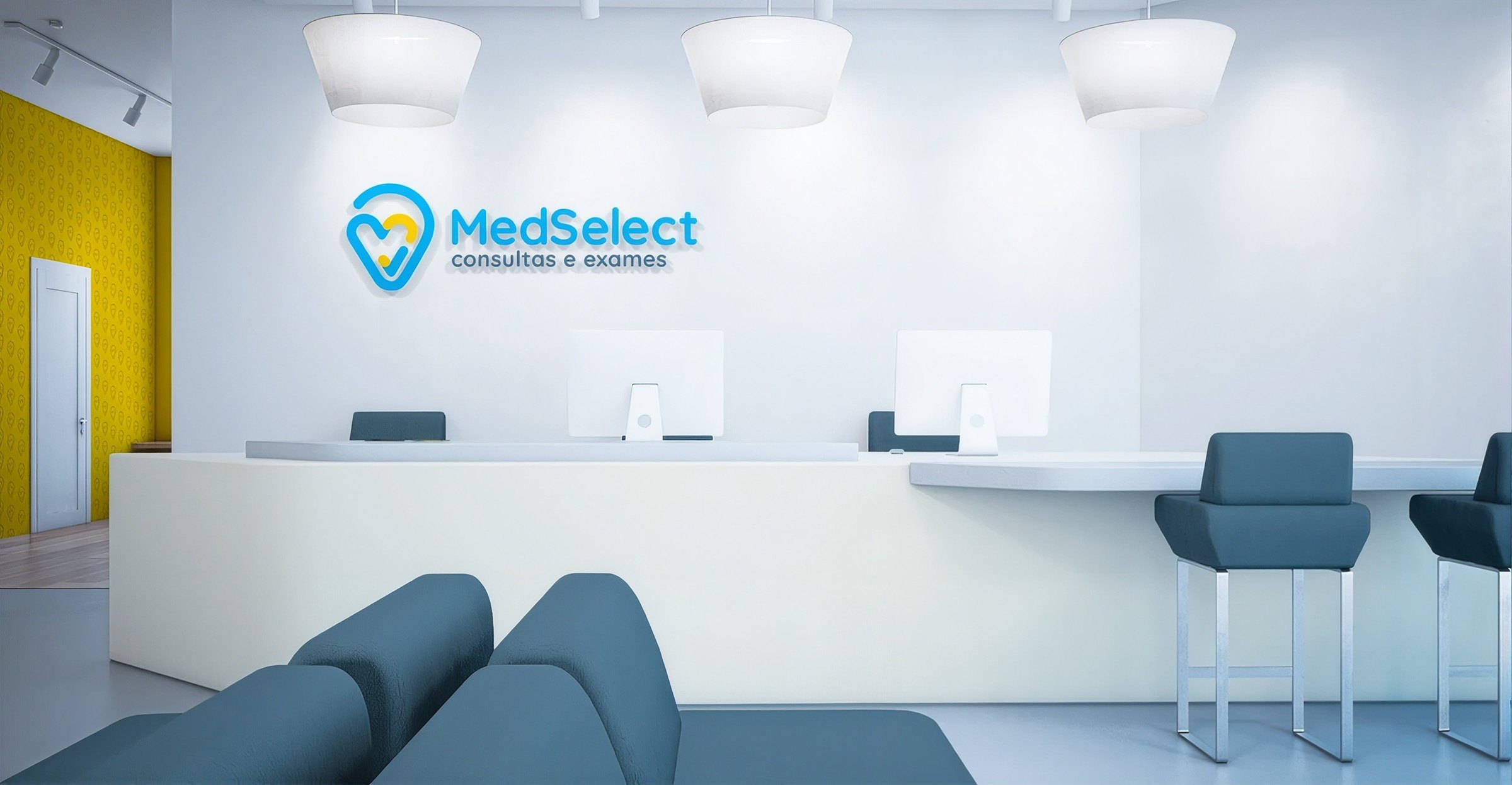 Logo da MedSelect aplicado na parede da recepção